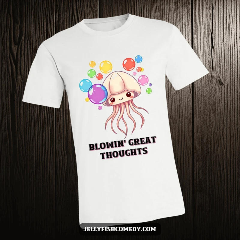 Funny T-Shirt depicting a jellyfish blowing numerous colorful bubbles from its tentacles. This shirt is playful and fun.