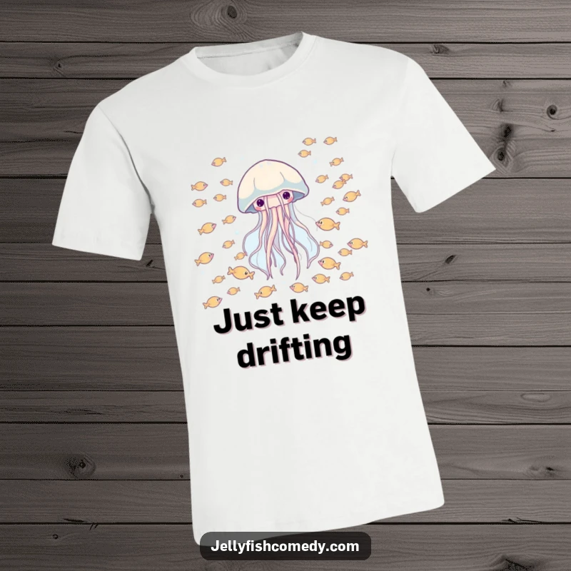Funny t-shirt of a happy jellyfish drifting through a school of tiny fish, celebrating underwater adventures.