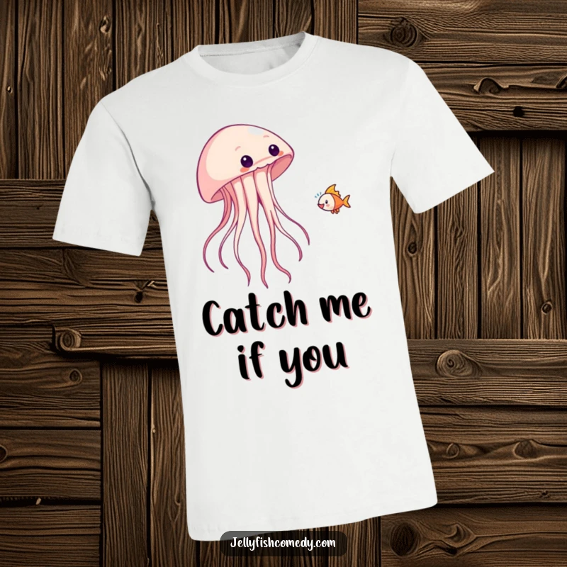 Funny t-shirt depicting a joyful jellyfish expertly tossing a little fish playfully into the air.