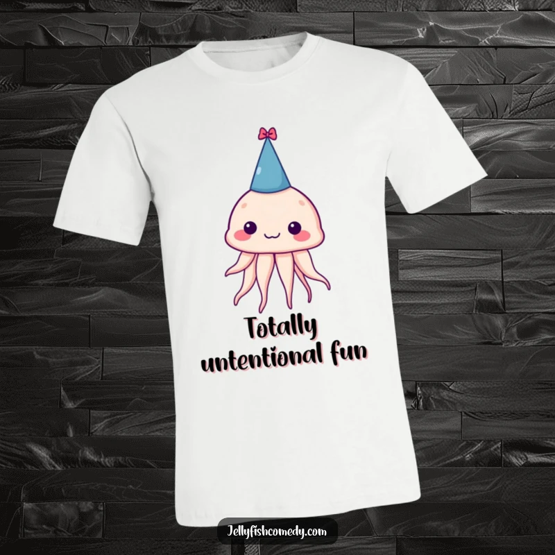 Funny t-shirt featuring a silly jellyfish in a tiny, askew party hat, looking ready to party and spread cheer.