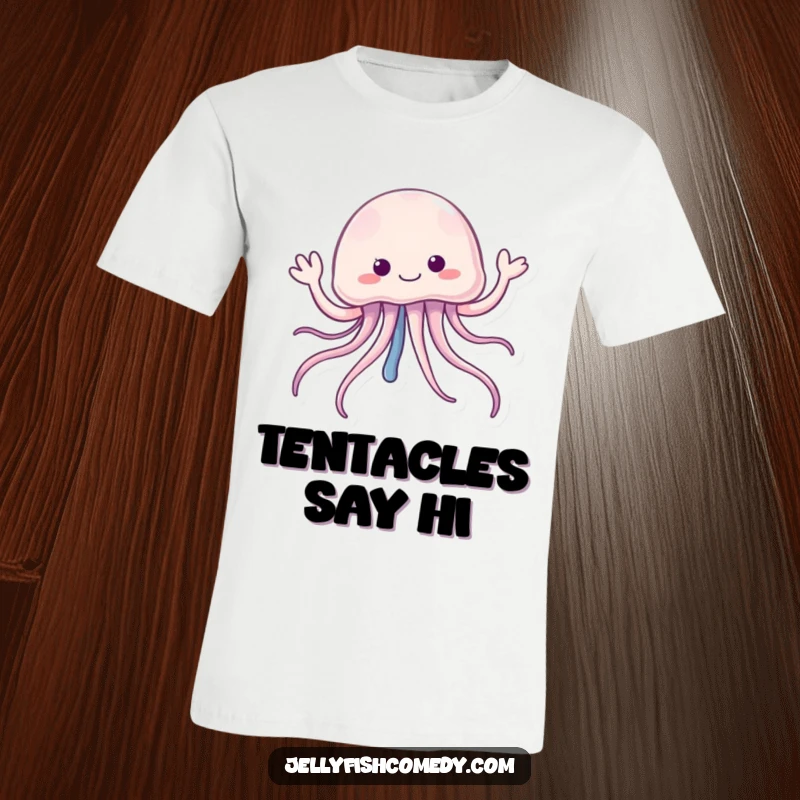 Funny jellyfish t-shirt featuring a creature with long tentacles cheerfully waving a friendly hello, radiating undersea happiness.