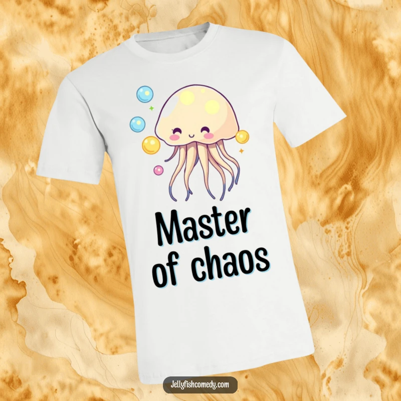 Funny t-shirt depicting a joyful jellyfish masterfully juggling luminous glowing orbs with flair.