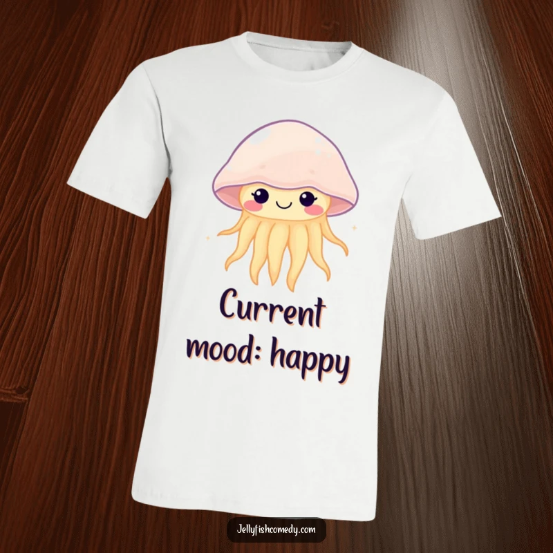 Funny kawaii jellyfish t-shirt showing a cute creature with a happy face gently pulsing, embodying serene underwater joy.