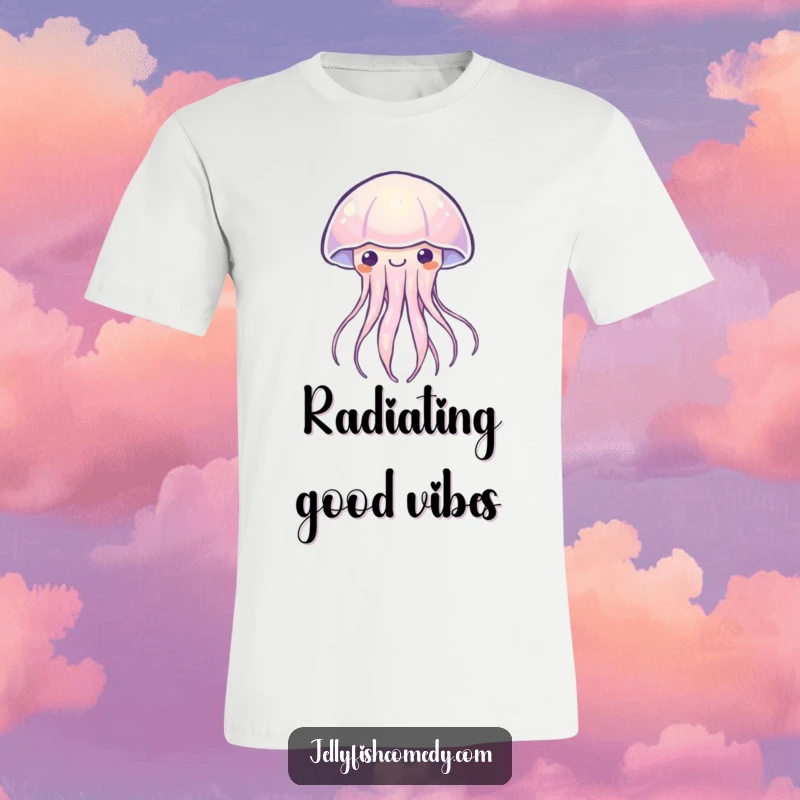 Funny Kawaii jellyfish t-shirt showing a creature gently pulsing with a soft, happy, warm light. Serene and humorous.