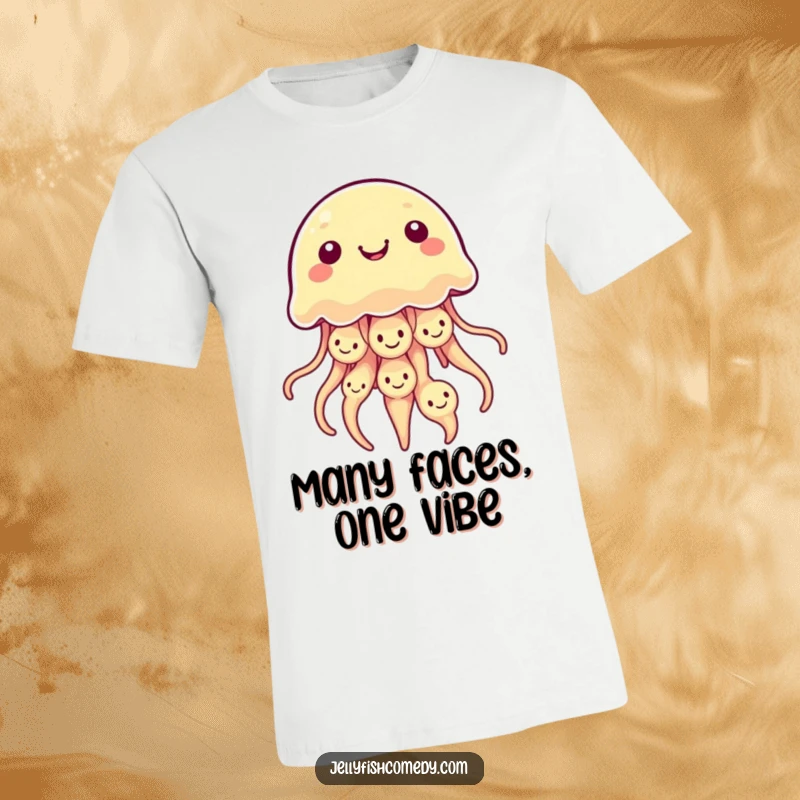 Funny Kawaii Jellyfish T-Shirt featuring a jellyfish with multiple smiley faces on its bell, cheerful and fun.