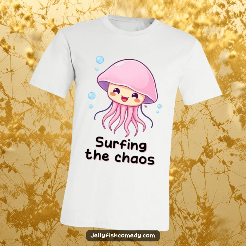 Funny surprised jellyfish t-shirt featuring a sea creature with a happy, amazed expression, caught in a current.