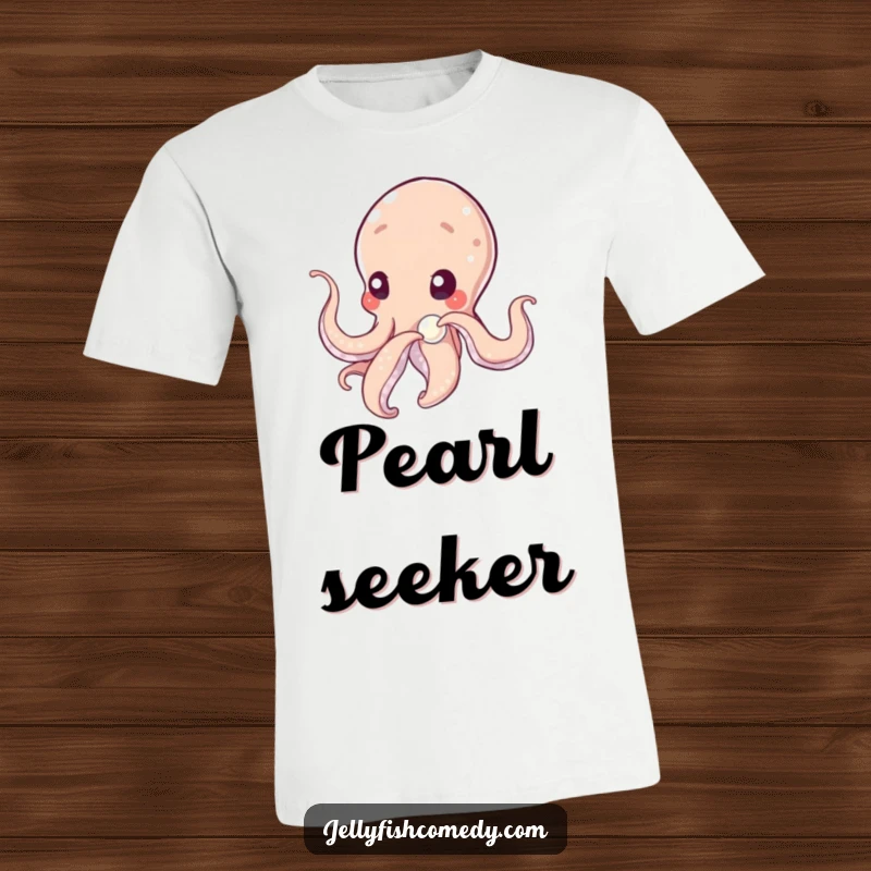 Funny tentacled being with soft tentacles, gently nudging a luminous pearl with curiosity, printed on a comfortable t-shirt.