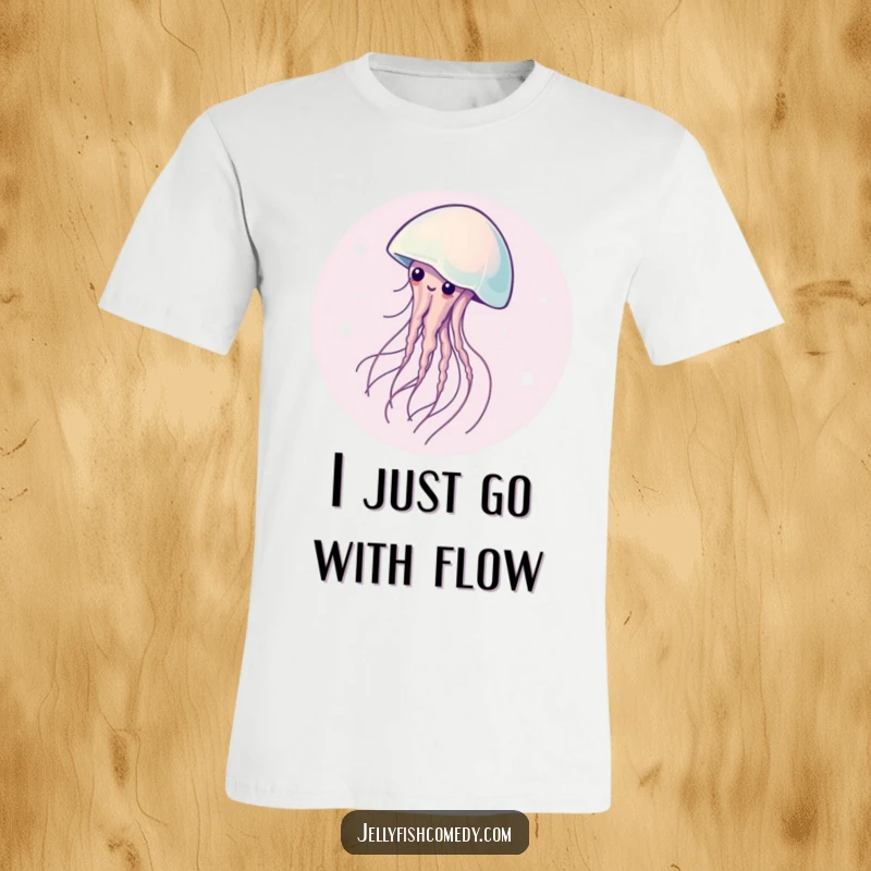 T-shirt with a graceful jellyfish smoothly spinning in a circle, exuding elegance and a touch of whimsical fun.