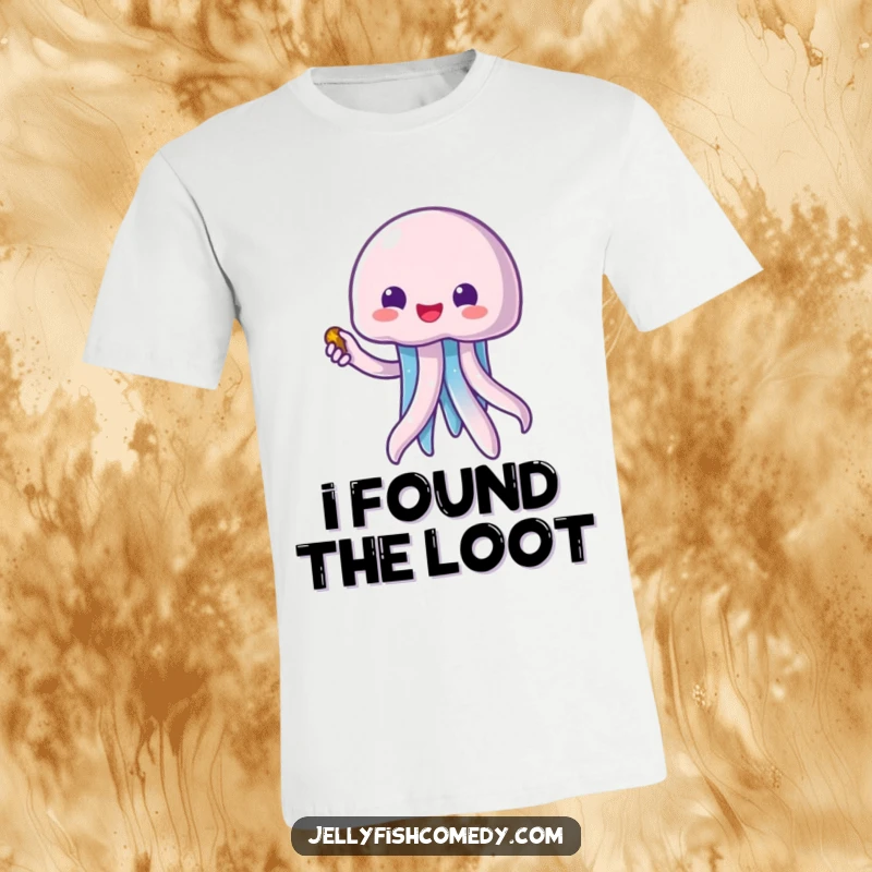 Funny kawaii jellyfish with wide eyes, enthusiastically pointing at a treasure chest on a hilarious t-shirt.