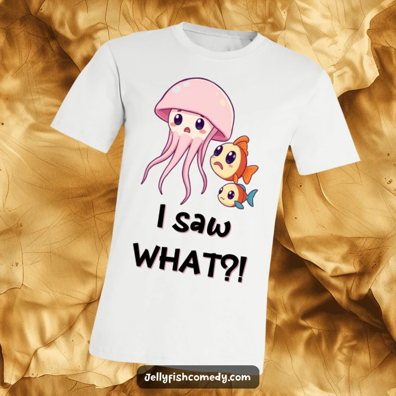 Funny t-shirt displaying a surprised jellyfish floating past a curious fish, a humorous scene for sea life fans.