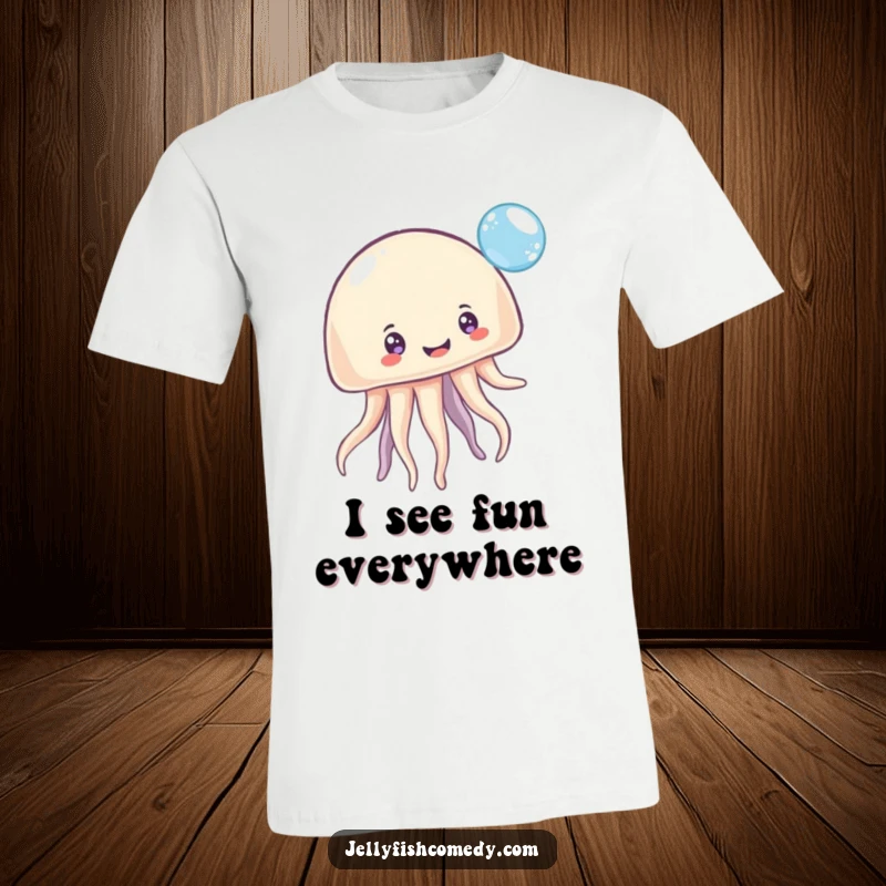 Funny T-Shirt: A charming jellyfish with numerous smiling eyes joyfully bounces a large, iridescent bubble, showcasing a playful and happy vibe.