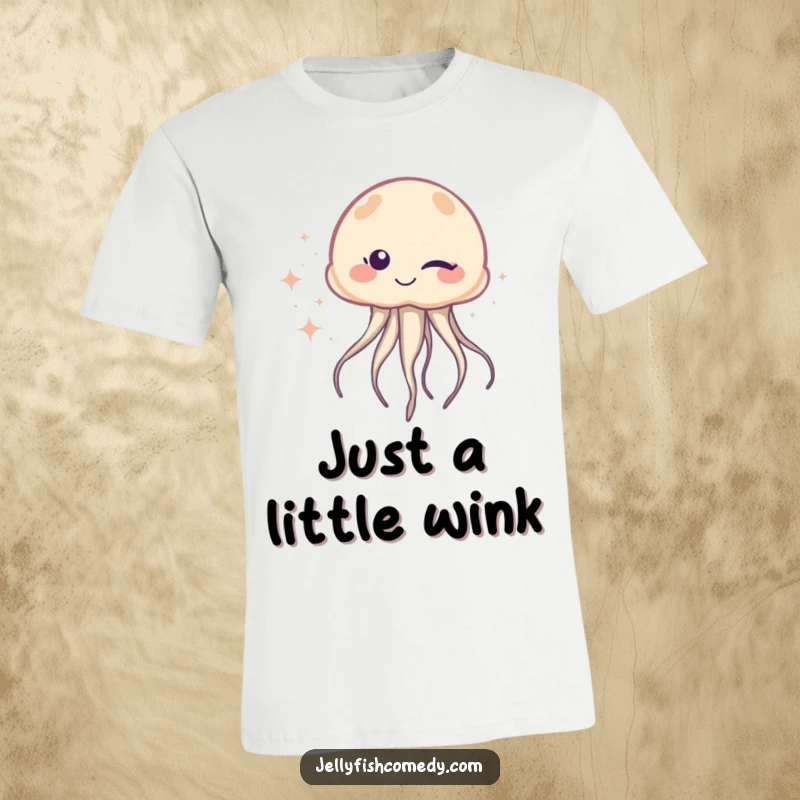 Funny T-Shirt: A jellyfish winks with one eye amidst a dazzling trail of sparkles, embodying cheeky mischief and playful humor.