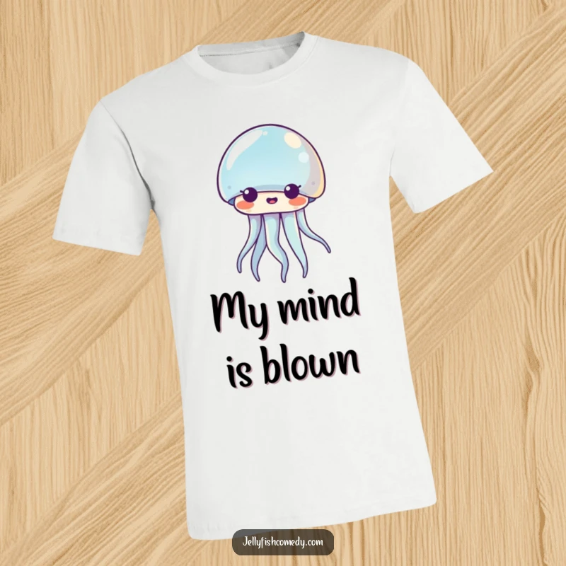 Funny Kawaii jellyfish t-shirt featuring a creature with widened eyes and an open mouth, showing extreme surprise. Hilarious and relatable.