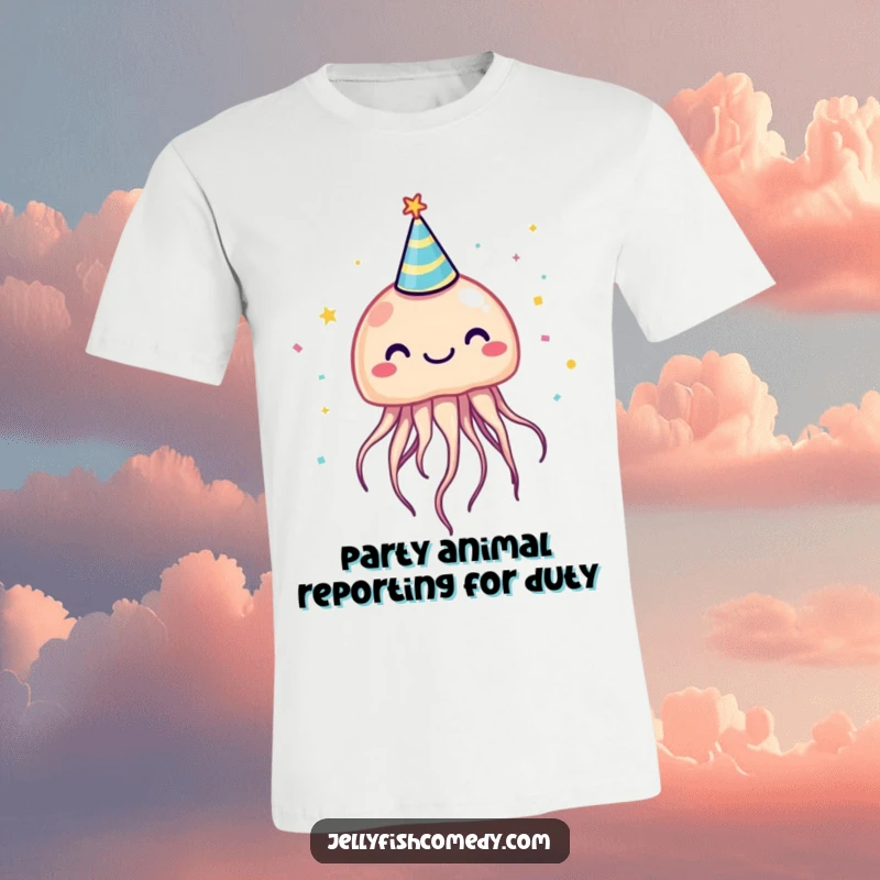 Funny jellyfish in a party hat, showering confetti, a comical t-shirt for ultimate humor.
