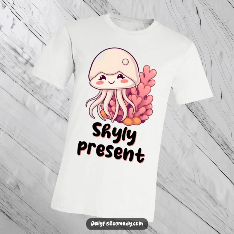 Funny shy jellyfish t-shirt features a sweet jellyfish with a timid smile, peeking out from behind colorful coral.