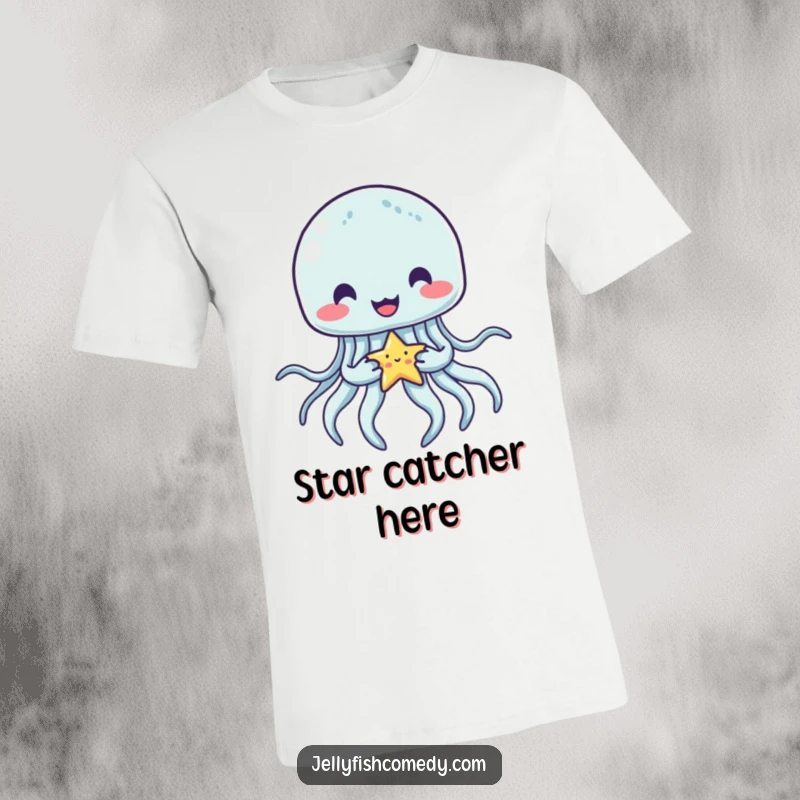 Funny jellyfish t-shirt featuring a content jellyfish happily holding a small, glowing star with its arms, looking utterly pleased.