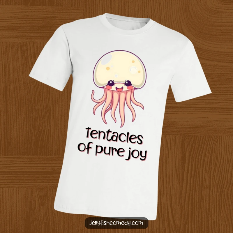 Funny Kawaii jellyfish t-shirt showcasing a gleeful, giggling sea creature with wildly wiggling tentacles. A hilariously happy design.