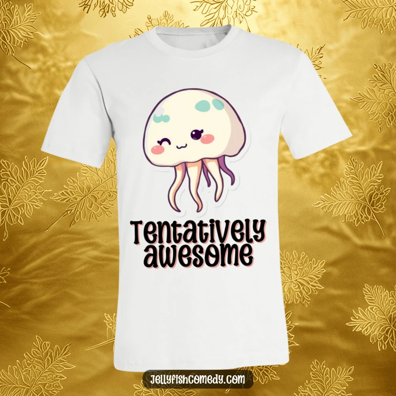 Funny shy jellyfish t-shirt featuring a cute creature with a bashful smile and waving tentacles, perfect for sea lovers.