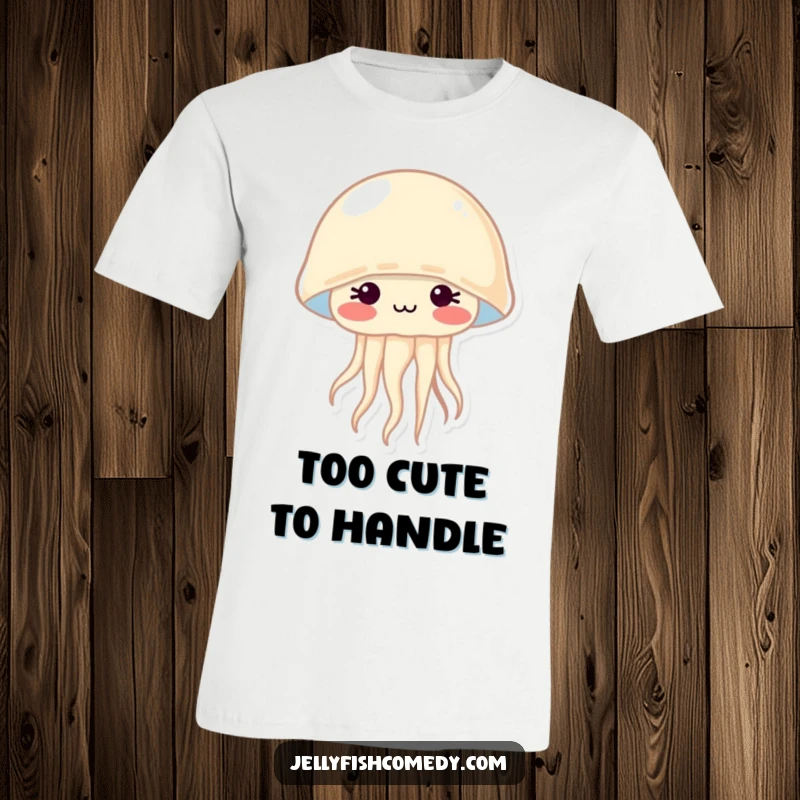 T-shirt with a shy jellyfish blushing deeply with rosy cheeks, radiating cuteness and endearing shyness.