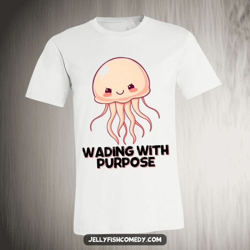 Funny determined jellyfish t-shirt features a jellyfish swimming vigorously, representing drive and a humorous pursuit of goals.