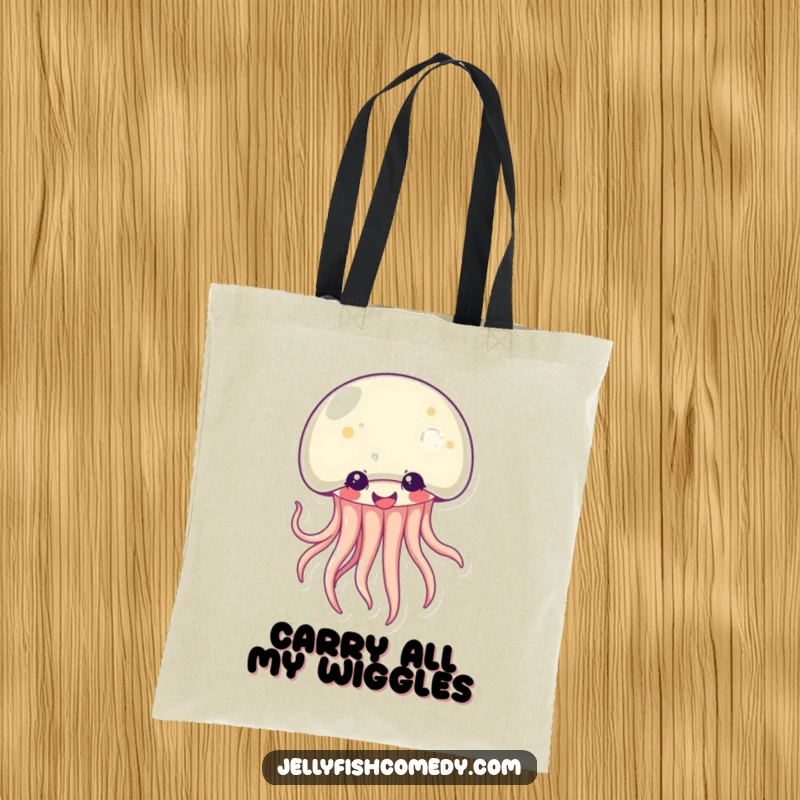 Funny Kawaii jellyfish tote bag with a cheerful, giggling creature and its playfully wiggling tentacles. A stylish and humorous tote.
