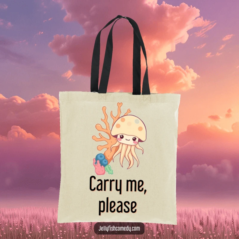 Funny kawaii jellyfish peeking from behind coral on a tote bag, perfect for carrying items with underwater humor.