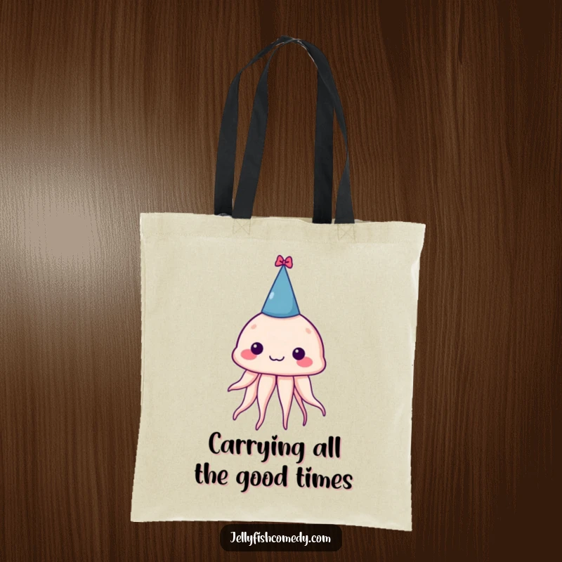 Funny tote bag with a silly jellyfish wearing a tiny party hat, perfect for shopping and spreading smiles everywhere.