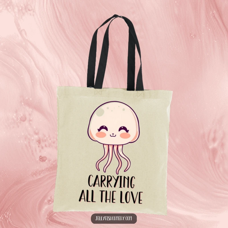 Funny Tote Bag: A blushing kawaii jellyfish blows a kiss, exuding adorable charm and humorous sweetness for your everyday carry.