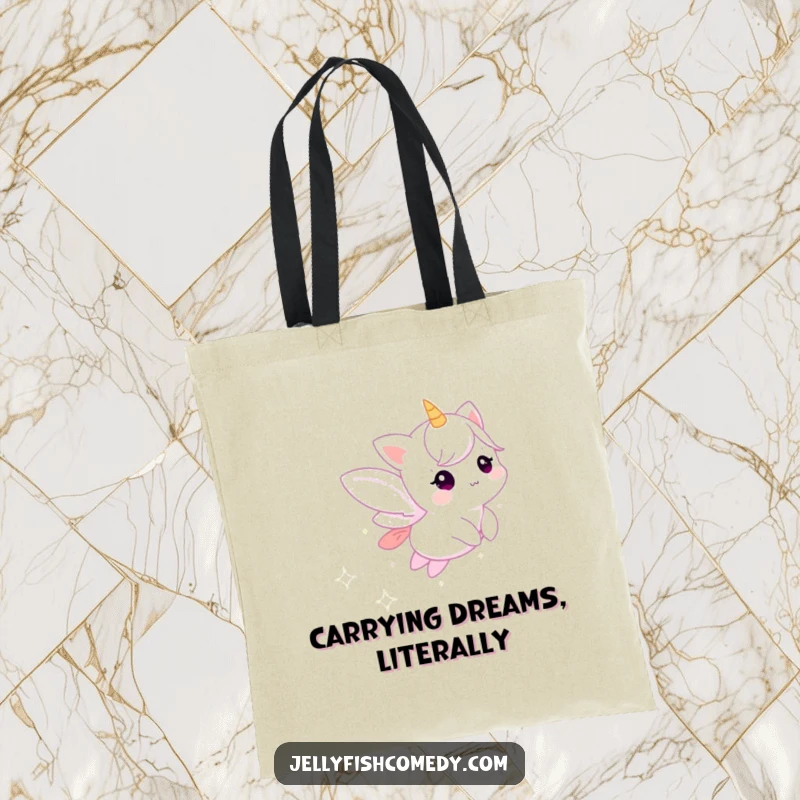 Funny tote bag featuring a small, ethereal creature trailing sparkling stardust, ideal for carrying items with a magical flair.