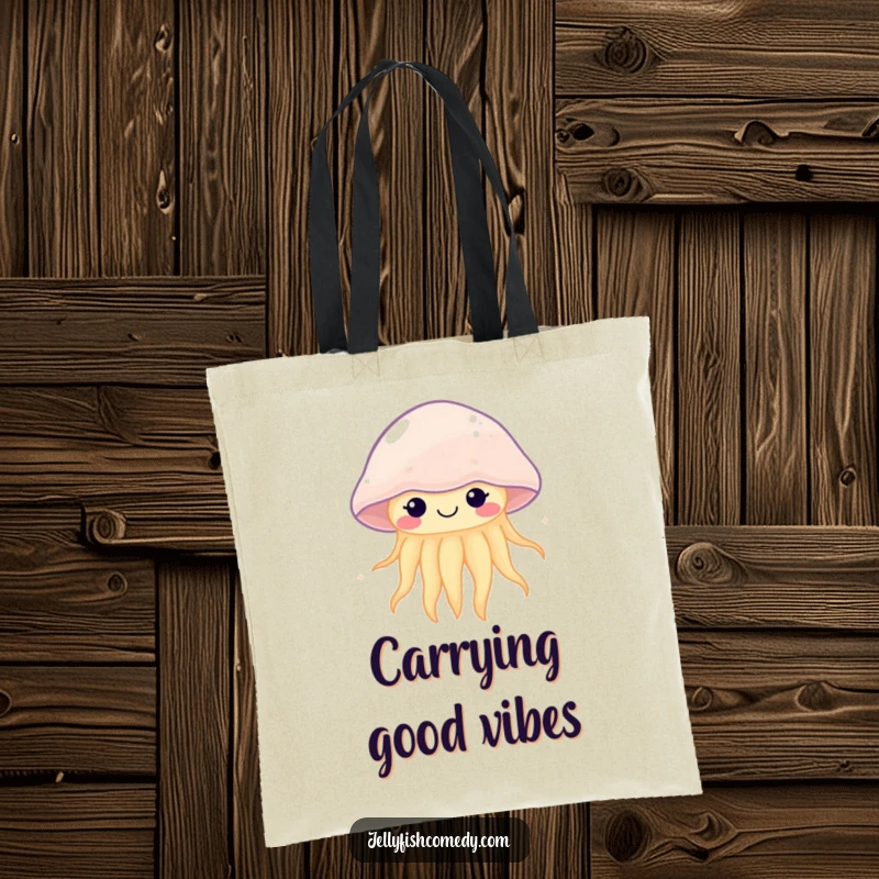 Funny kawaii jellyfish tote bag with a smiling, pulsing sea creature, perfect for carrying essentials with aquatic flair.