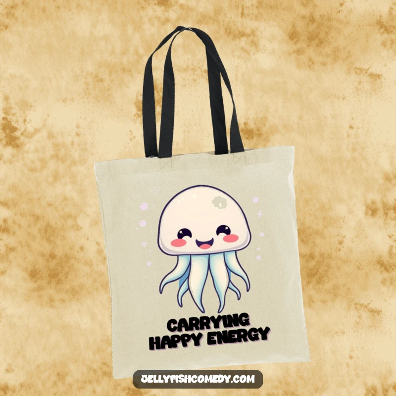 Funny Kawaii Jellyfish Tote Bag showcasing a jellyfish with a big smile and radiating bubbly energy, ideal for shopping.