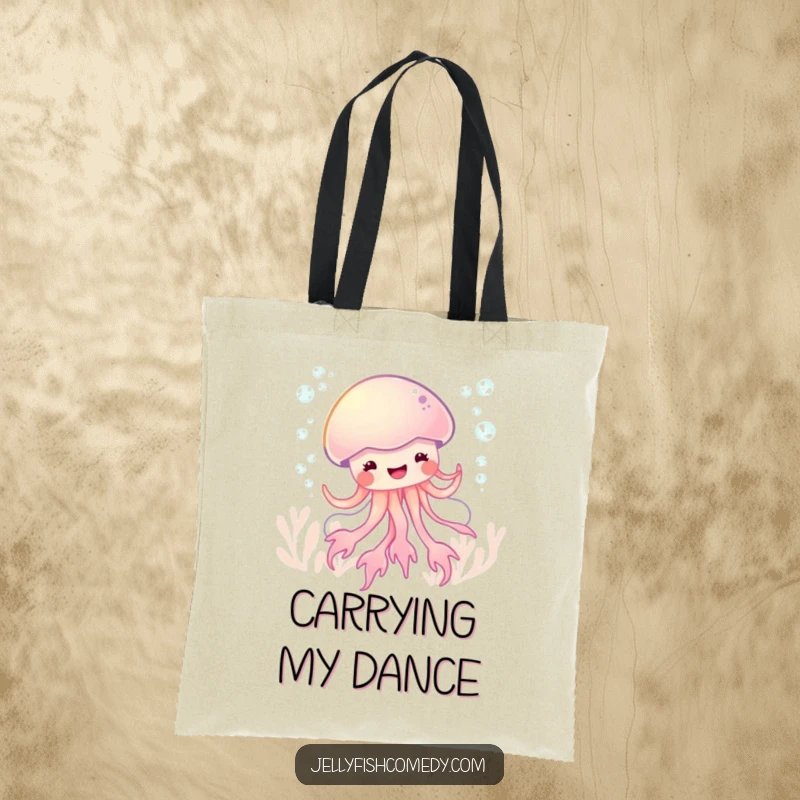 Funny glee jellyfish dance tote bag, featuring a bubbly sea creature in a joyful underwater dance.