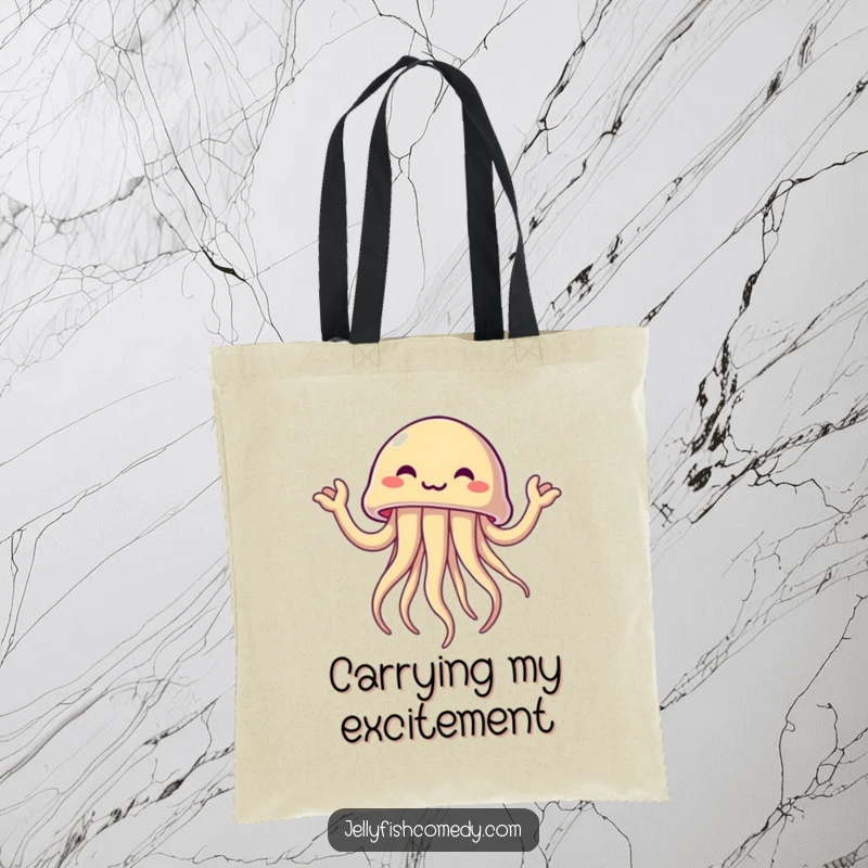 Funny jellyfish joyfully waving its tentacle arms, a humorous and practical tote bag for carrying excitement.