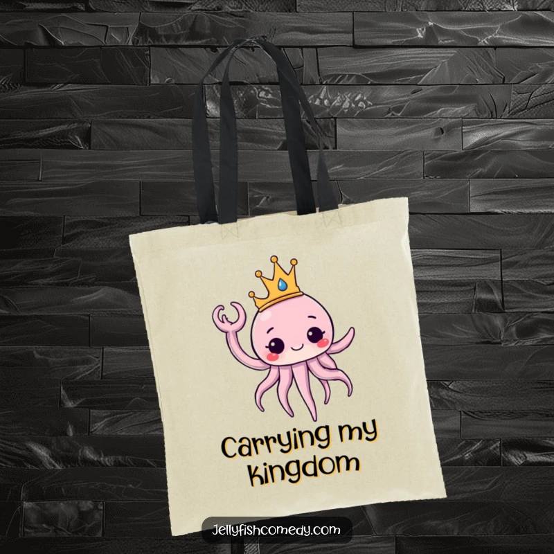 Funny Tote Bag with a design of a jellyfish wearing a crown, waving regally. This bag is perfect for carrying essentials with royal charm.