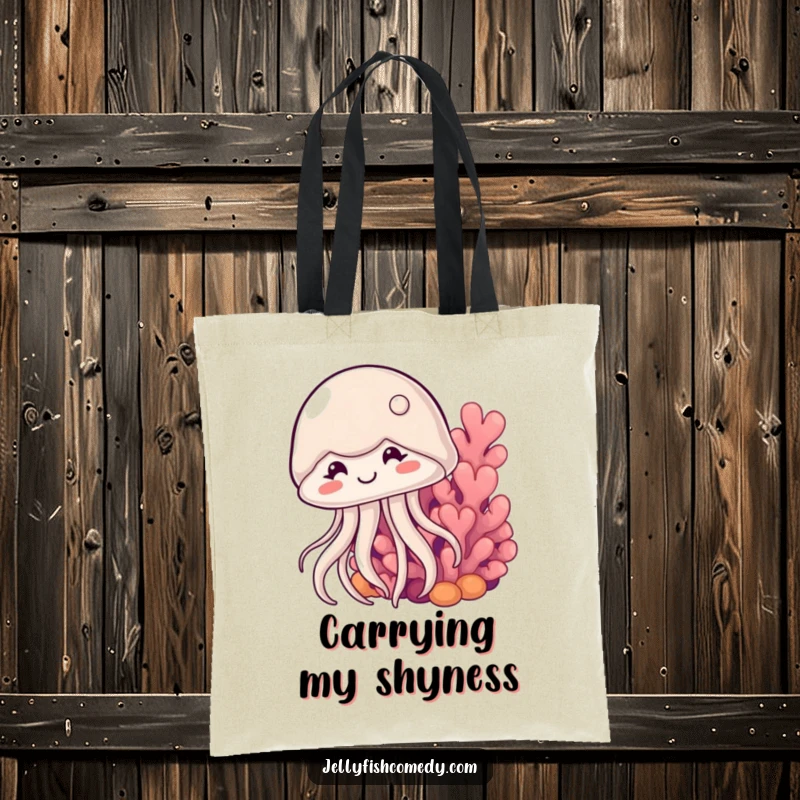 Funny shy jellyfish tote bag features a timidly smiling jellyfish peeking from behind coral, perfect for carrying essentials with cute humor.