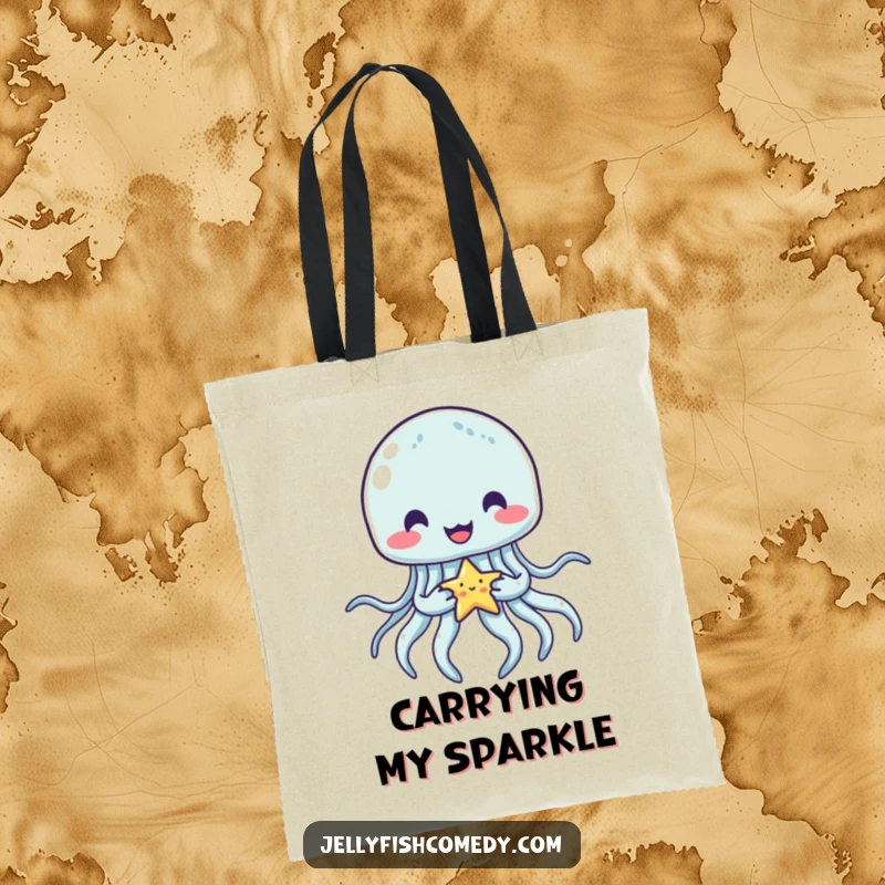 Funny jellyfish tote bag showing a happy jellyfish happily holding a tiny star with its tentacles, a perfect companion for carrying joy.