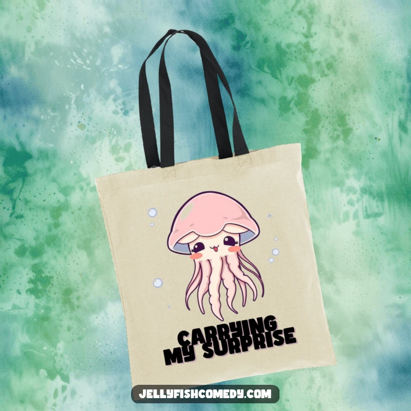 Funny surprised jellyfish tote bag features a blushing jellyfish being carried by a current, perfect for essentials with cute humor.