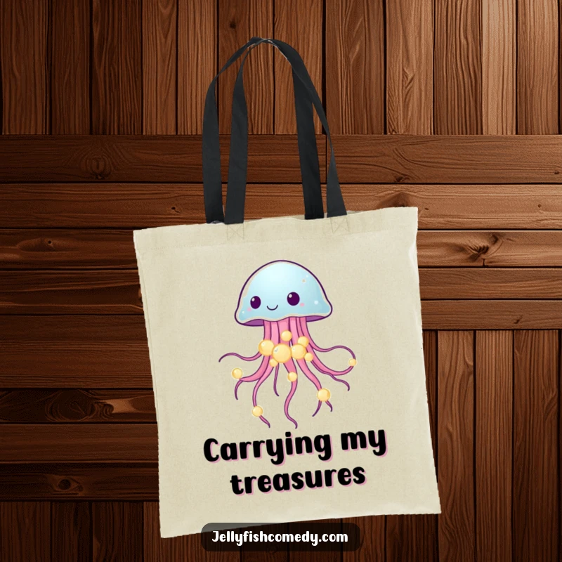 Funny tote bag with a jellyfish balancing glowing sea pearls, perfect for carrying essentials with elegance.