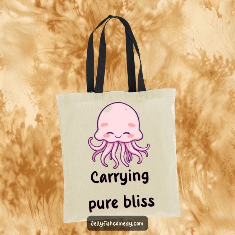 Funny tote bag with a happy jellyfish giggling, tentacles wiggling, perfect for carrying joy.