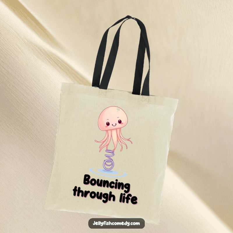 Funny Tote Bag with a design of a happy jellyfish bouncing on a spring. This bag is perfect for carrying essentials with a bounce.