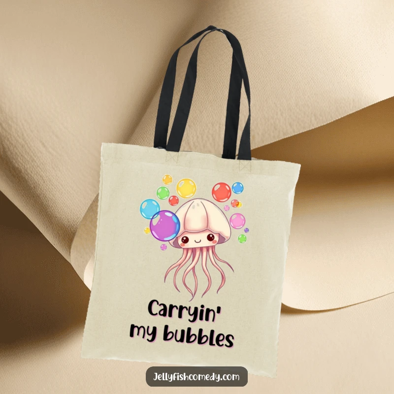 Funny Tote Bag with a design of a jellyfish blowing colorful bubbles. This bag is perfect for carrying essentials with whimsy.