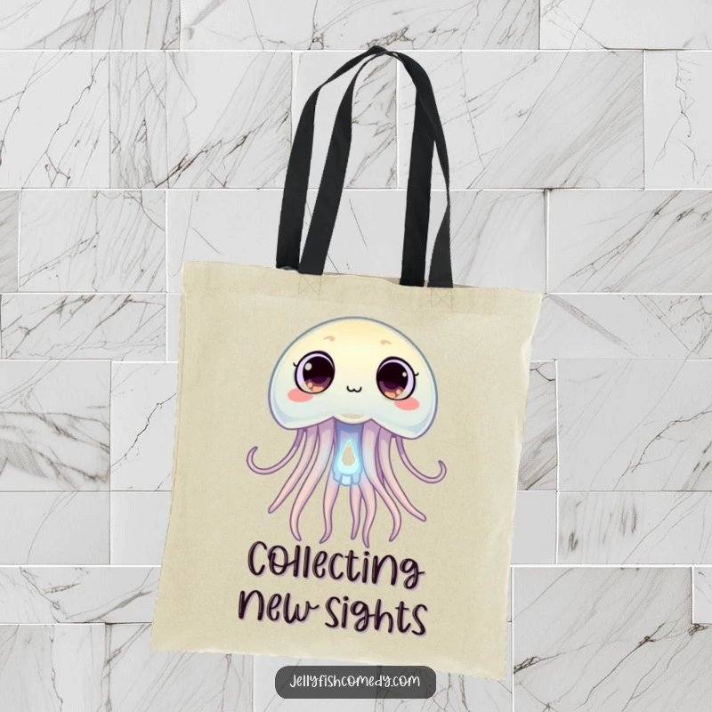 Funny jellyfish with wide, curious eyes peering at a tiny glowing plankton, a humorous and practical tote bag.