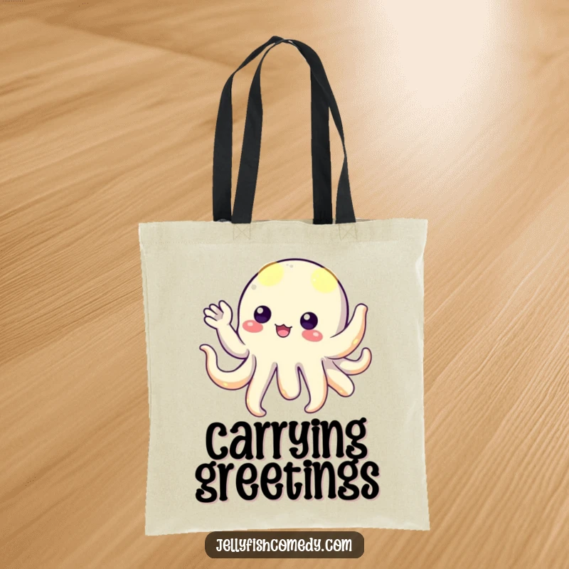 Funny floating creature with vibrant, glowing tentacles, playfully waving hello, a unique design on a spacious tote bag.
