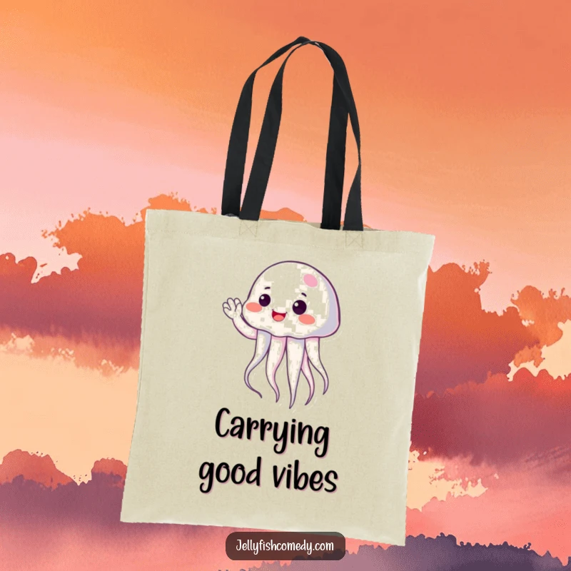 Funny jellyfish with a cheerful expression waving hello, printed on a versatile tote bag for everyday use.
