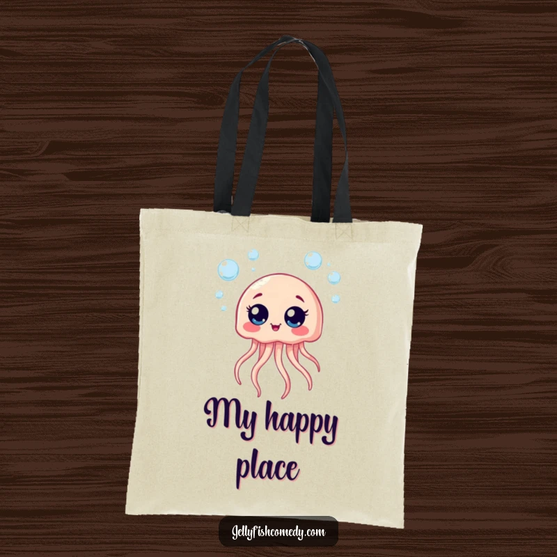 Funny tote bag with a giggling jellyfish and big eyes surrounded by bubbles, perfect for carrying essentials.