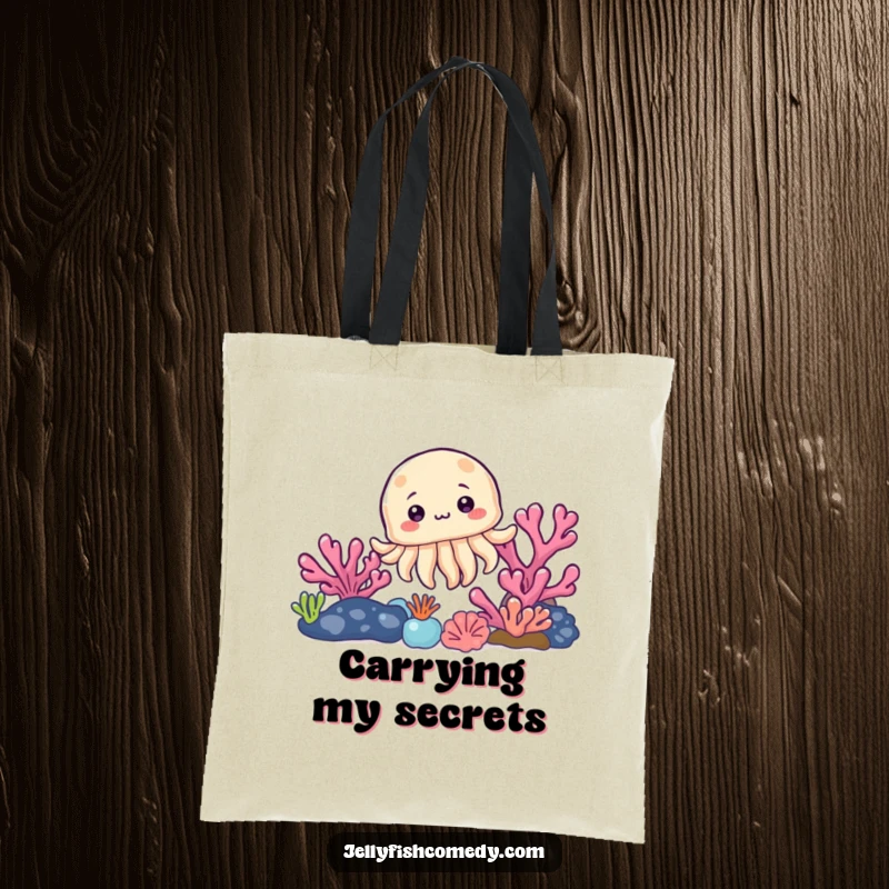 Funny tote bag featuring a curious jellyfish peeking from behind a colorful coral reef, ideal for carrying essentials with ocean flair.