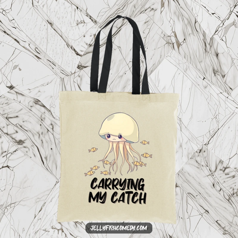 Funny Jellyfish Tote Bag: A dynamic jellyfish playfully chases tiny fish, making this a humorous and practical accessory.