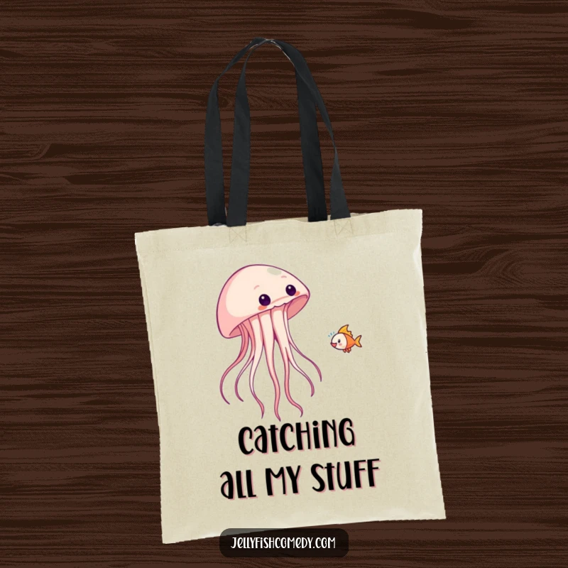 Funny tote bag with a jellyfish playfully tossing a small fish, perfect for carrying fun items.