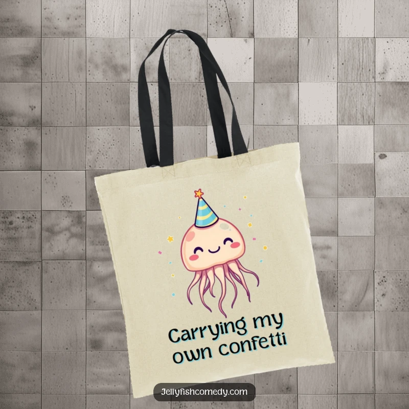 Funny jellyfish in a party hat with falling confetti, a comical tote bag for everyday humor.