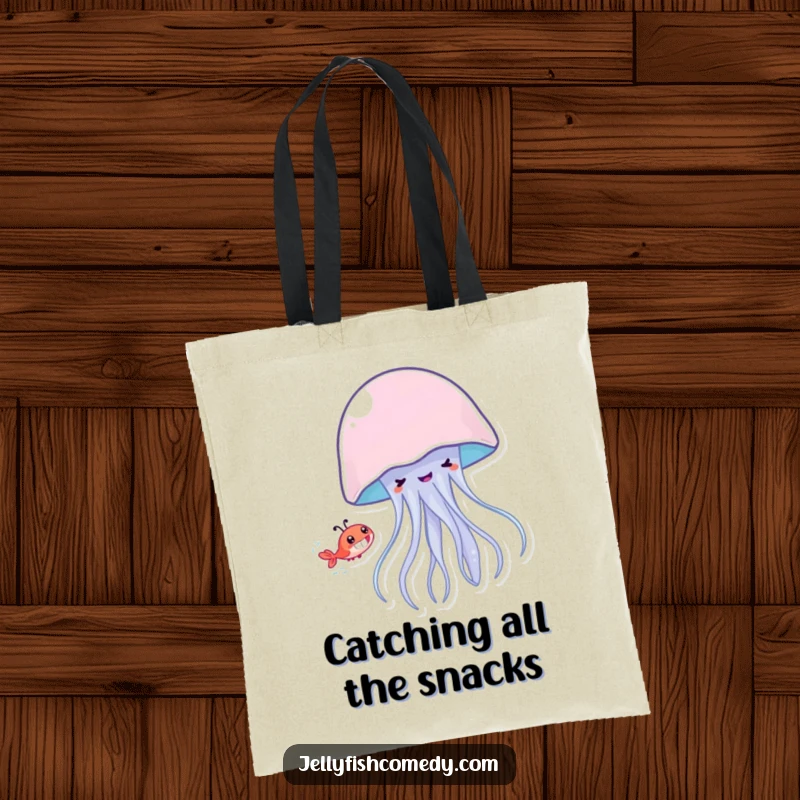 Funny grinning jellyfish playfully chasing a shrimp, printed on a practical tote bag for shopping or everyday use.